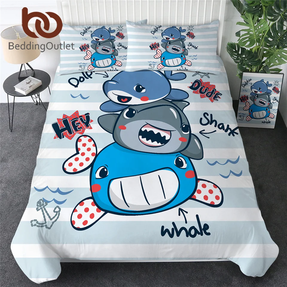 Комплект постельного белья из 3 предметов с мультяшной акулой пододеяльник для