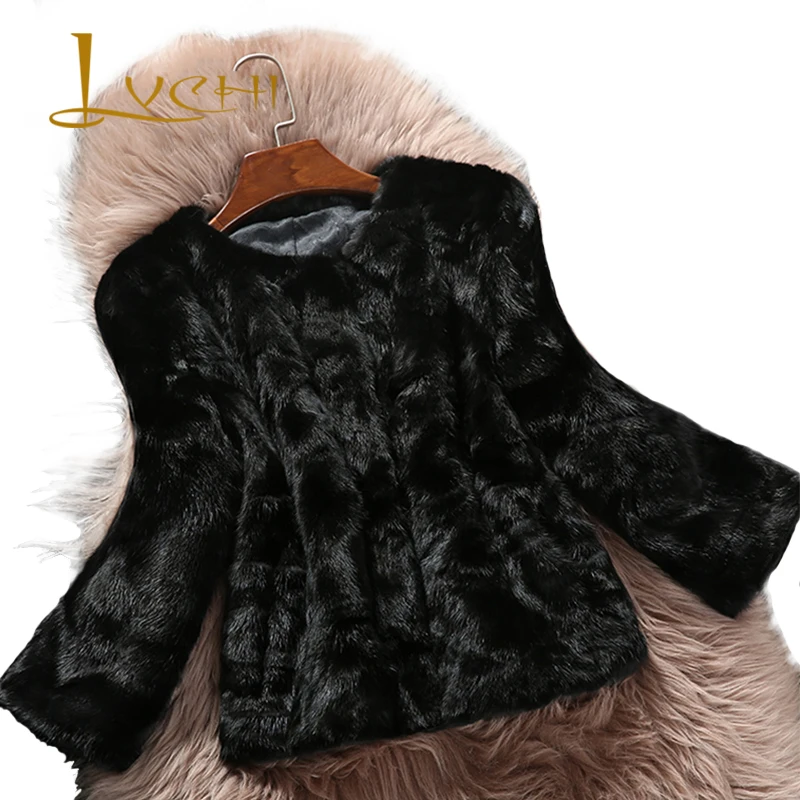 LVCHI черное сексуальное удобное Норковое меховое пальто тонкий теплый дизайн