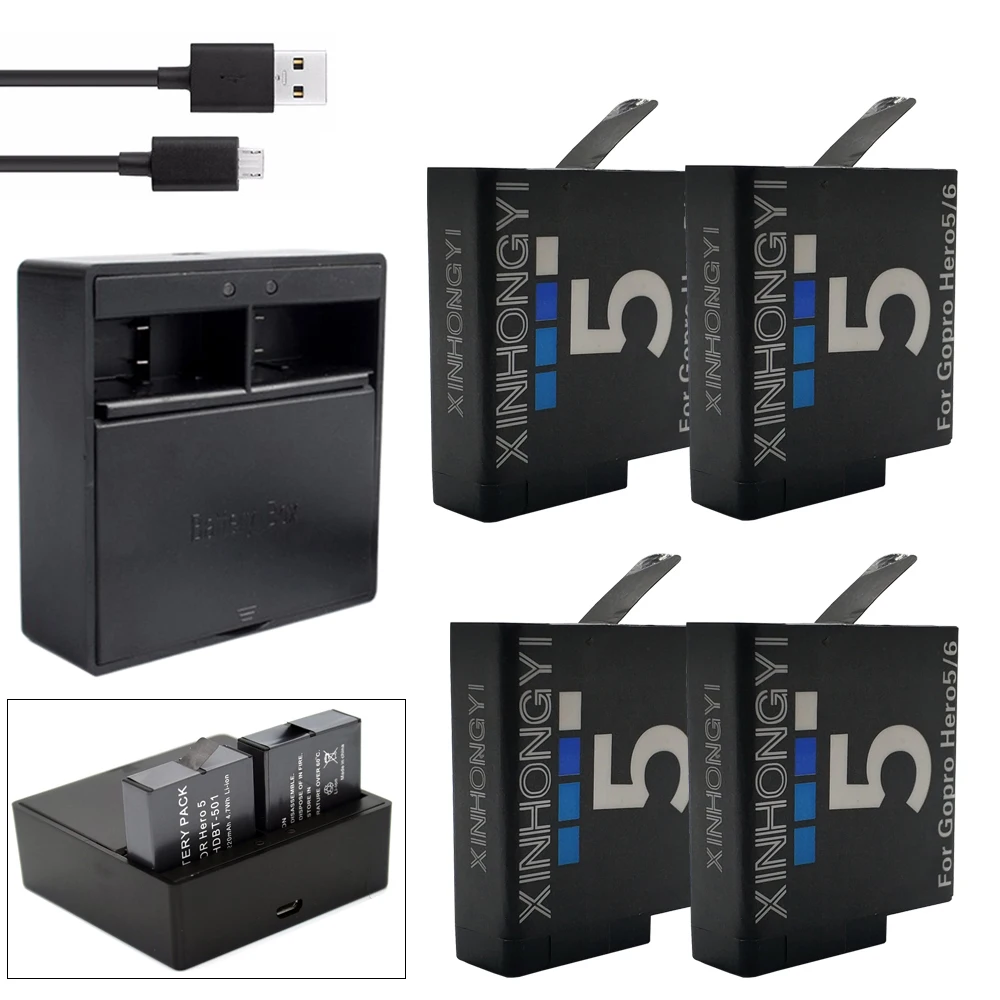 4 * AHDBT 501 батарея + коробка для хранения USB зарядное устройство GoPro Hero 7 6 5 Черная