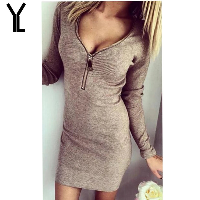 Женское платье с v образным вырезом сексуальное однотонное облегающее на молнии