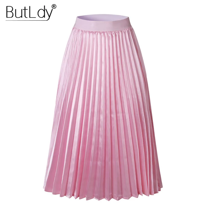 

Summer 2019 Long Pleated Women Skirt High Waist Pink Metallic Casual Party Skirt Female Bottoms Fashion Loose A-Line Skirts