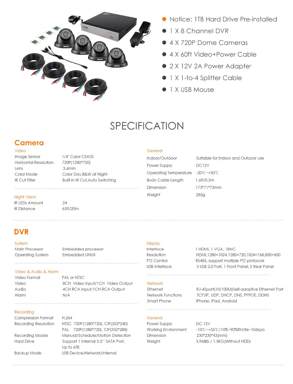 ZOSI 8CH CCTV Системы 720 P HDMI TVI 8CH видеонаблюдения DVR 4 шт 1,0 МП инфракрасная камера системы безопасности 1200 купольная камера tvl кабель для камеры CCTV Системы