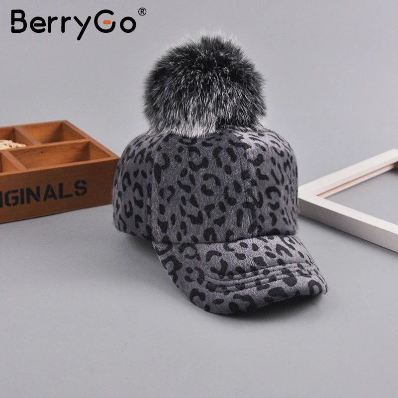 Серый BerryGo новые бейсболки из искусственного меха зимняя женская кепка помпон Кепка с изоображением леопарда Регулируемая Повседневная бейсболка шапка - Цвет: Серый