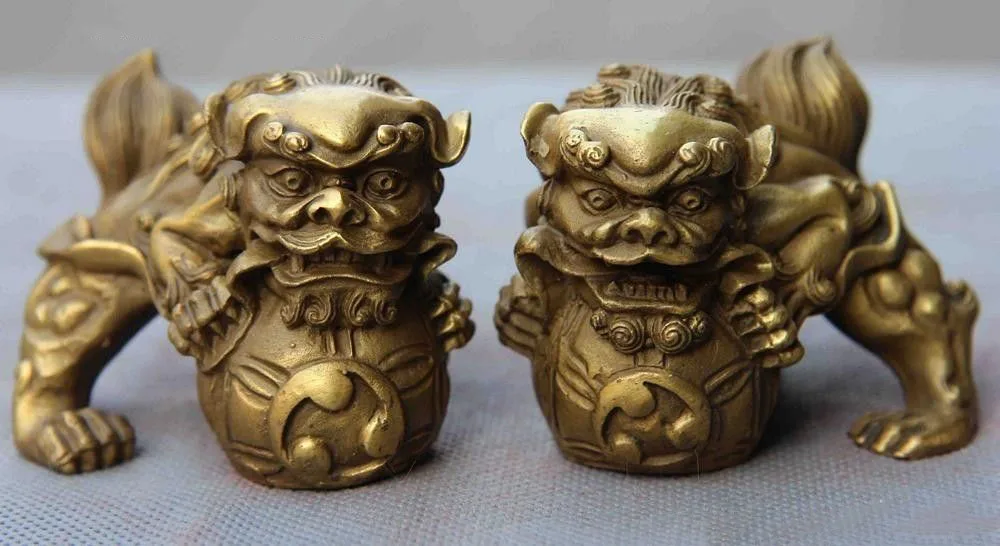 Chinese Fengshui Animal Copper Brass Foo Dog Lion Kylin Unicorn Play Ball Statue | Statues &amp Sculptures