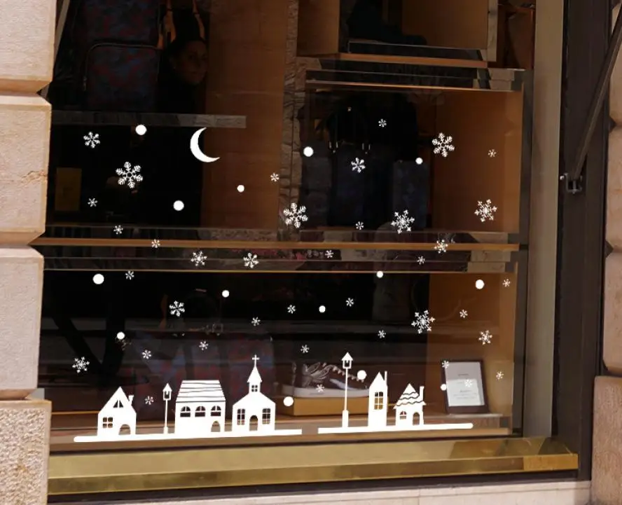 2018 new Christmas Shop Window Decoration Warm Wall Stickers One Piece Snowflakes Town Kids Room | Дом и сад
