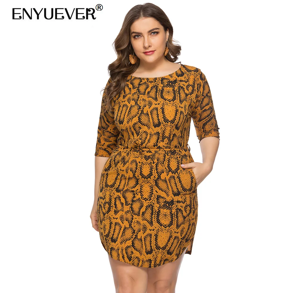 Enyuever Plus Size Snake Print Dress Women Summer 2019 Half Sleeve Vestido Casual Sexy Party Mini With Pockets Streetwear | Женская