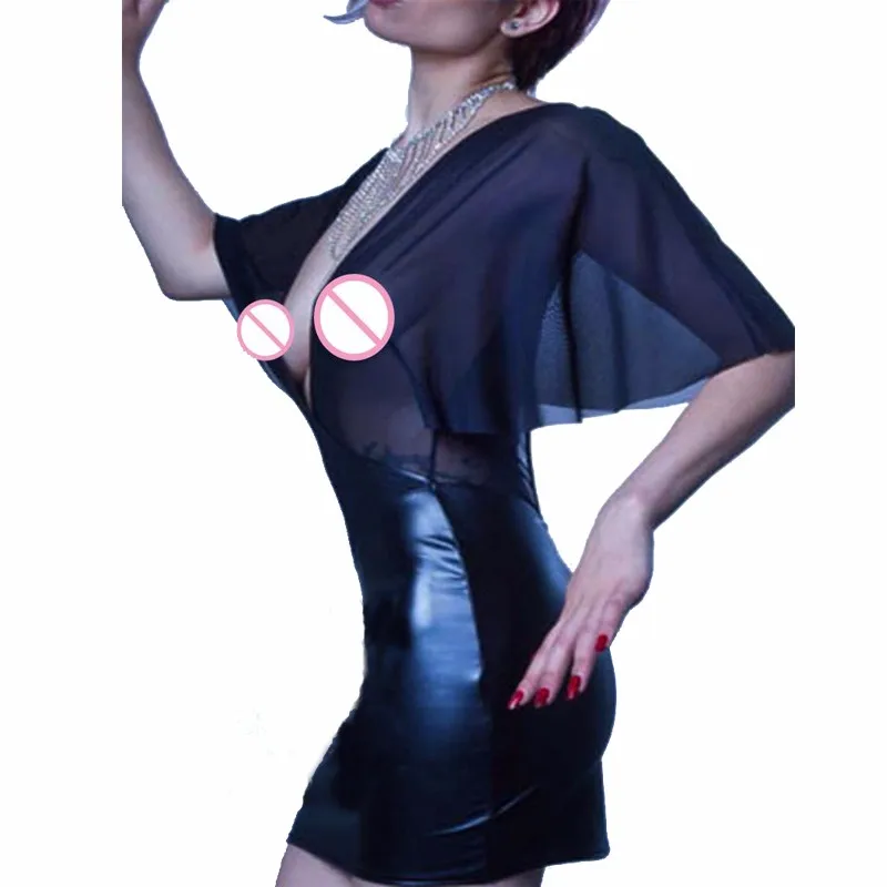 Черное Клубное платье для женщин Сетчатое из винила и кожи в стиле пэчворк