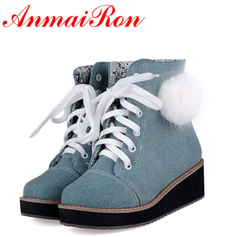 ANMAIRON Women Boots Winter Round Toe Ankle Fashion Solid Platform Lace Up Motorcycle Shoes Big Size | Обувь
