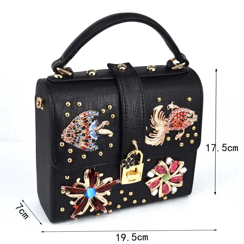 Модные черные сумки с ремешком в виде цветов и животных кристаллами Женская мини