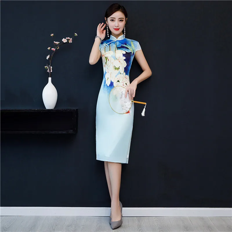 Spring Summer Fashion Flower Cheongsam Long Dresses Blue Elegant Slim Qi Pao Women Chinese Traditional Dress Plus Size Qipao |