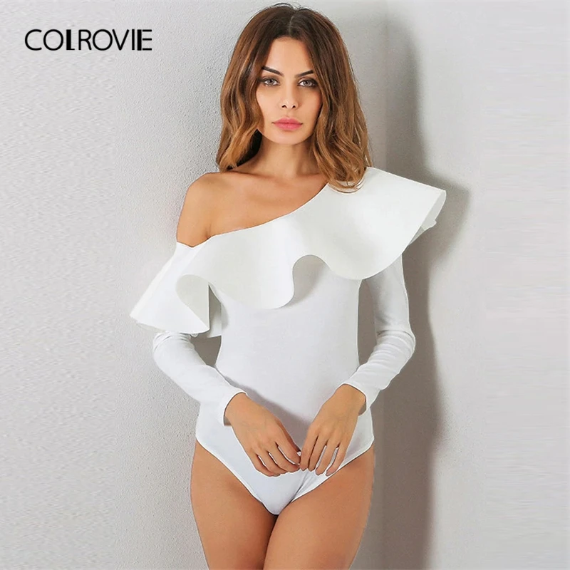 COLROVIE, белый, преувеличенный, с оборкой, многослойный, с косым плечом, элегантный, обтягивающий, боди для женщин, весна, длинный рукав, женские боди