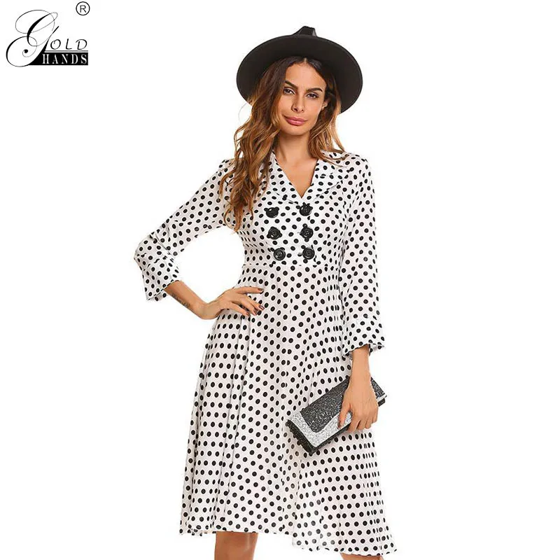 Женское винтажное платье в горошек золотистого цвета с v образным вырезом