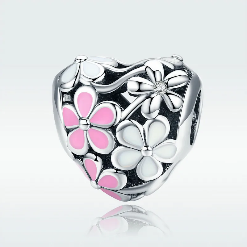 

MOWIMO Spring Flowers Heart Beads 925 Sterling Silver Fit Original Silver Bracelet Charms DIY Jewelry Accessories Making BKC761