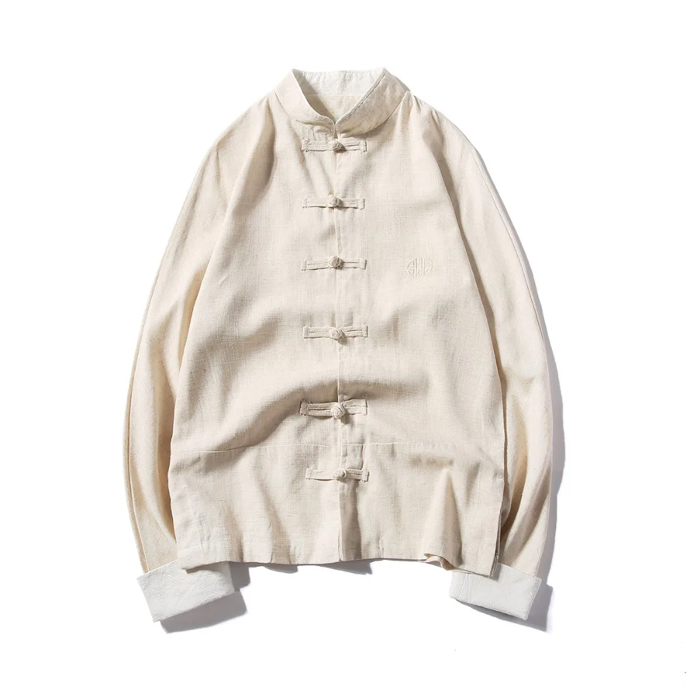 

MR-DONOO Chinese Style Men Long Sleeve Casual Embroidery Shirt Cotton Linen Mandarin Collar Shirt Chinese Frog Tang Suit A032C01