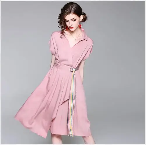 Women Dress 2018 New Summer Long Style Pleated Belt Female Outwear Fashion Casual Turn Down Collar Slim Fit Swing | Женская одежда