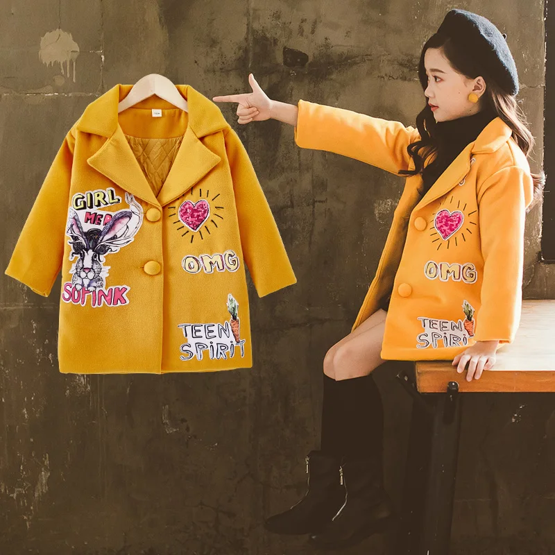 Yellow Wool coat Puckcovi/шерстяное пальто для девочек; Ropa nina invierno; зимнее пальто с искусственным мехом; модное Короткое шерстяное пальто; длинное пальто из полиэстера - Цвет: Yellow Wool coat