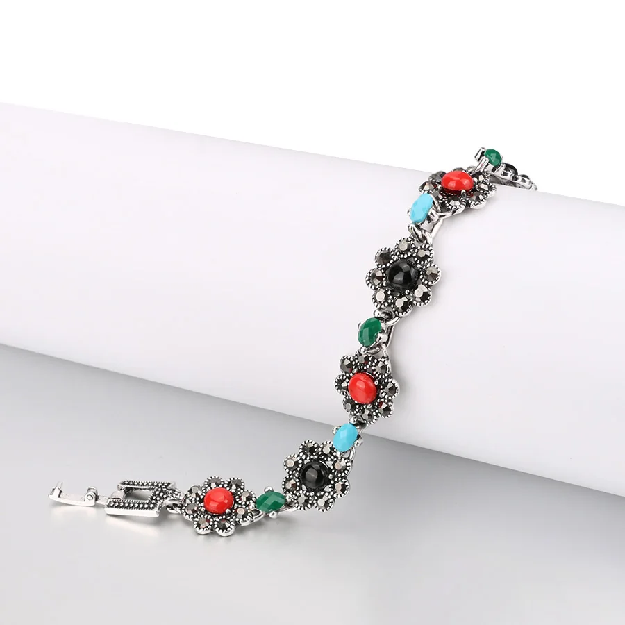 Kinel браслет с шармами для женщин серебристые черные кристаллы цветок Ретро