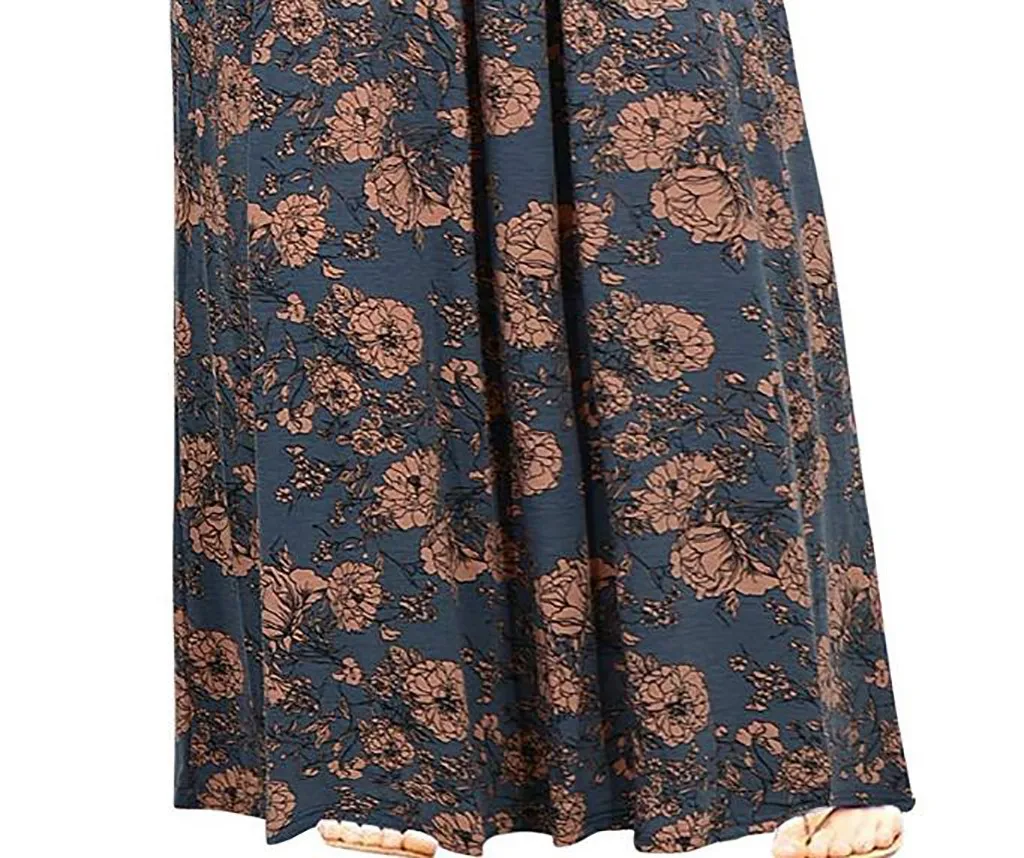 

Women Plus Size Short Sleeve Printing Dress O-Neck Long Dress With PocketsL0408