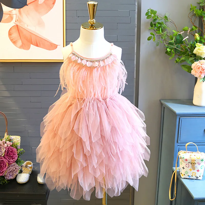 Kids Princess Dresses for Girls Children Feather Beading Sequined Gowns Toddler Birthday Party Frocks Boutique Baby Tutu | Детская
