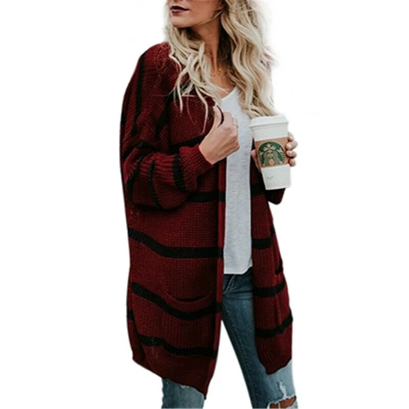 Fashion Long Striped Sweater Cardigan Full Sleeves Burgundy / Apricot Autumn Winter Coat Loose Casual Knitting Outwear |