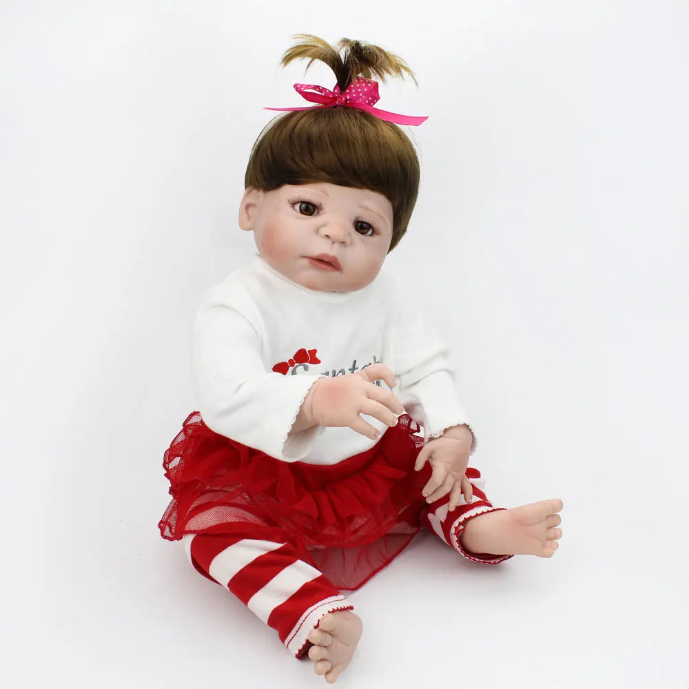 Кукла NPKDOLL Reborn полностью виниловая с коричневыми волосами для девочек красный Bebe