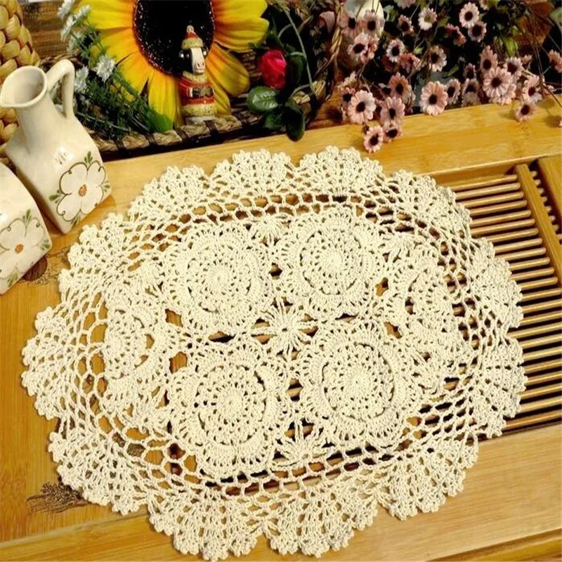 

Free Shipping Pastoral Handmade Crocheted Oval 30*45cm 35*50cm White Beige Tablecloth High Class Kitchen Sofa Chair Cover Runner