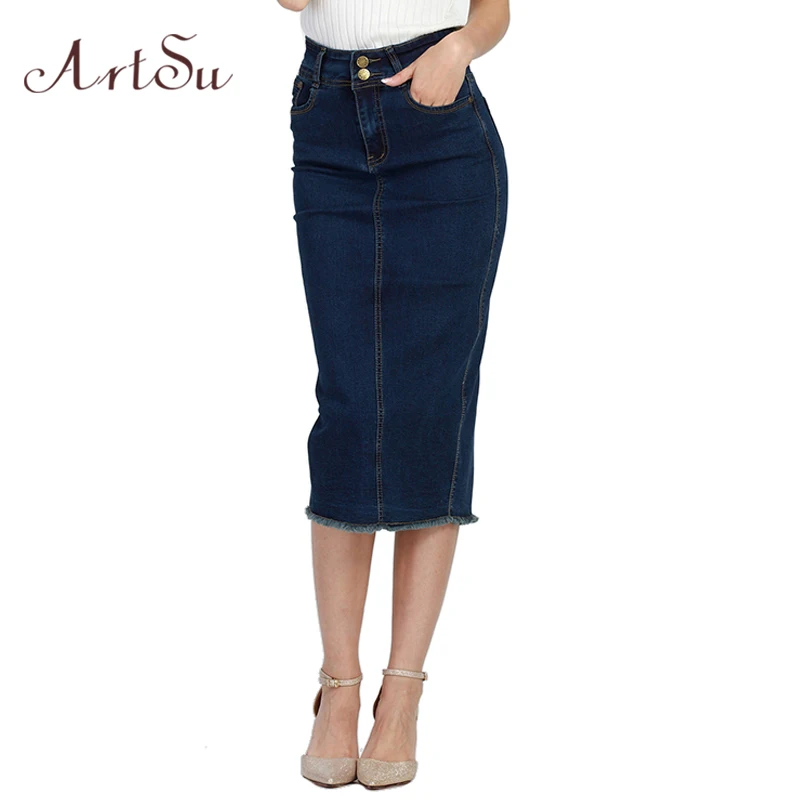 Женская джинсовая юбка карандаш ArtSu голубая Базовая обтягивающая с высокой