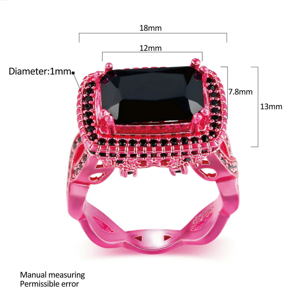 Двойное яркое кольцо с квадратным вырезом розовое золото цвет черный кубические