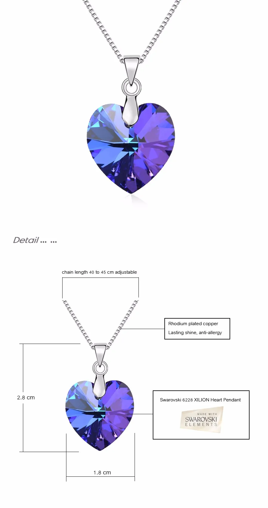 BeBella 1,8 см хрустальное ожерелье с подвеской в виде сердца с кристаллами от Swarovski, тонкая цепочка для женщин и девушек, модное ювелирное изделие, подарок