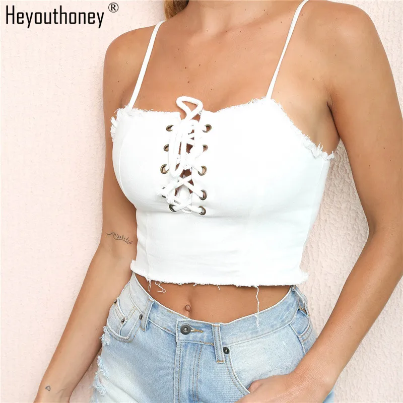Heyouthoney/модный сексуальный топ без рукавов джинсовый кружевной бандаж