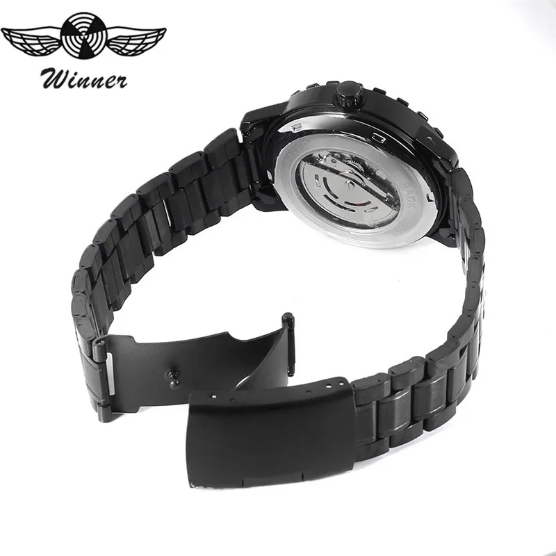 

Luxury Winner Automatic Mechanical Men Watch Black Steel Wrist Watches Skeleton Business Casual Clock reloj automatico de hombre