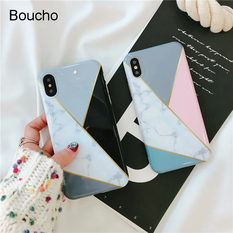 Boucho Funny Geometry Splice Pattern Case For iphone X 6S 6 7 8 Plus Classic Marble Painted Phone Cases Cover |