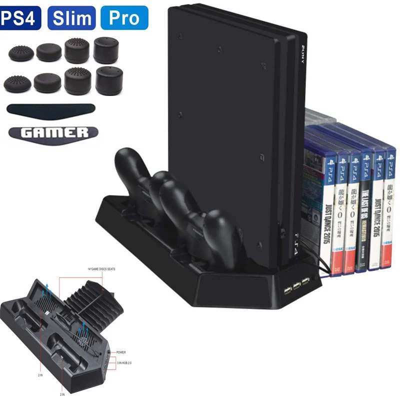 PS4 контроллер вентилятора зарядное устройство вертикальная подставка основание охлаждающий кулер для playstation 4 Fat PS4 Pro Slim с 14 игр CD диск для хранения