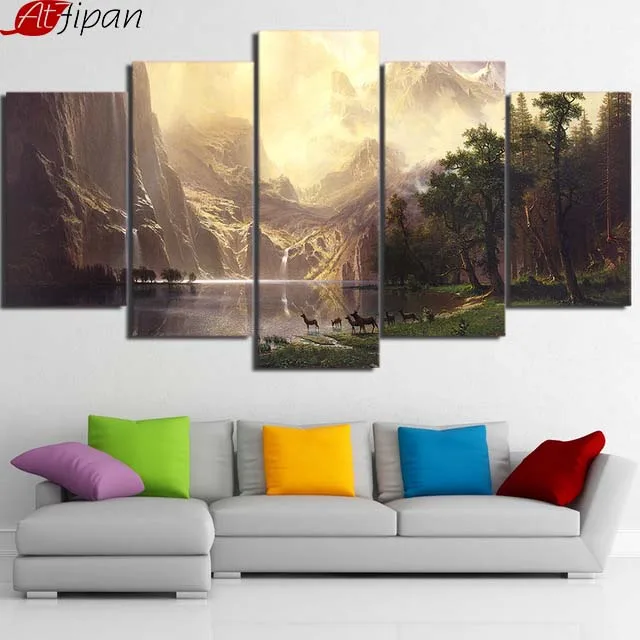 

Canvas Wall Art Pictures Frame Home Decor Room Poster 5 Pieces Mountain Lake Natural Landscape Animal Deers HD Printed Painting