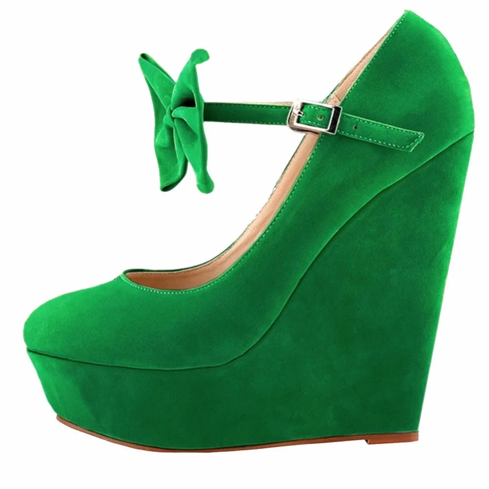 Arden Furtado 2018 wedges high heels 15cm platform yellow green red butterfly knot buckle strap round toe pumps women's shoes | Обувь