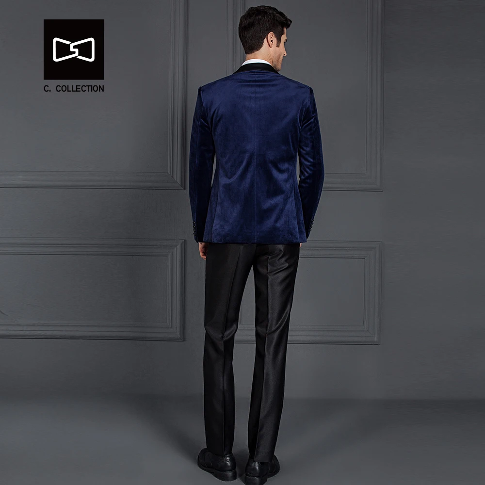 Заказ Для мужчин бархат синий костюм Slim Fit Свадебный смокинг 2 шт.