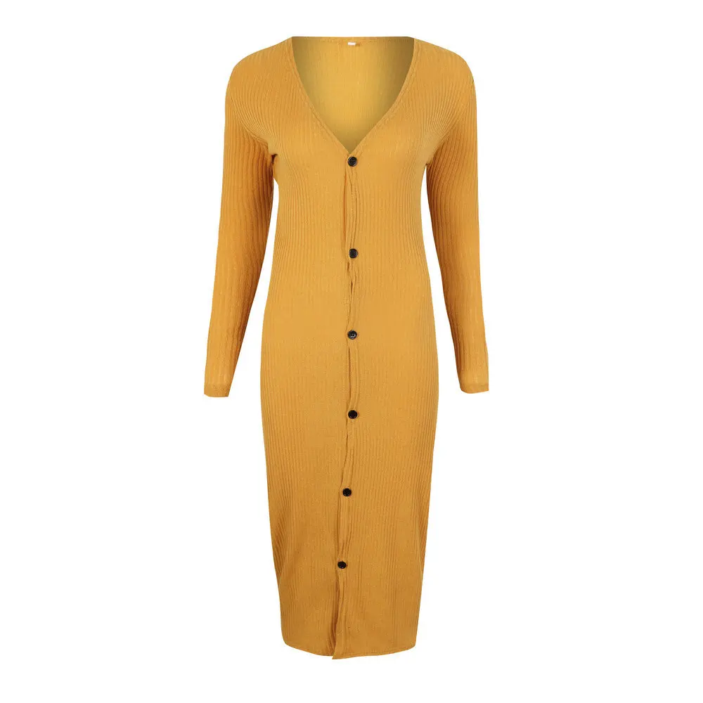 

Casual Knit Rib Women Dress Elegant Solid Button Cardigan Sexy O Neck Bodycon Midi Dress Women Autumn Basic Soft Dress Vestidos