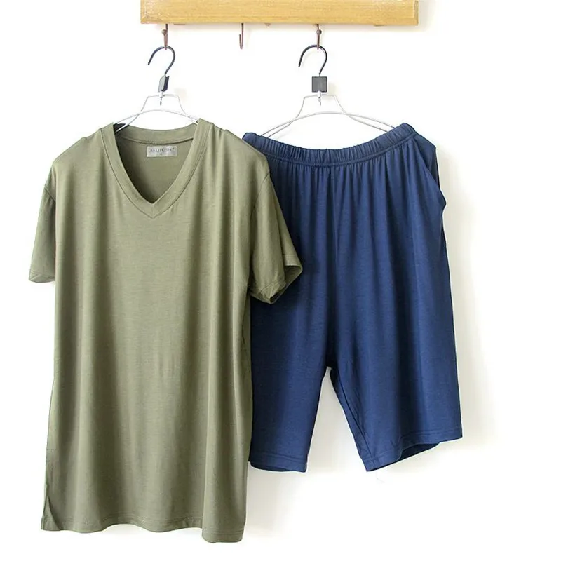 

Men's Pajamas Summern Bamboo Fiber Cotton Pajamas Short sleeve Solid V-neck Pyjamas Men Lounge Pajama Set