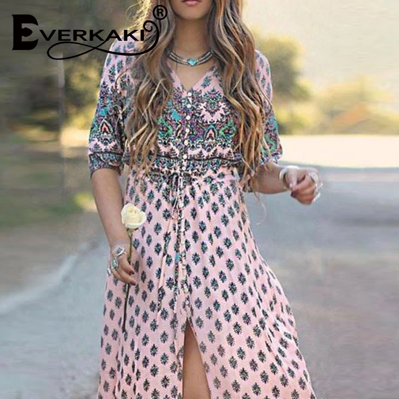 Everkaki 2019 женская летняя богемная Туника Цветочные Вечерние пляжное макси платье
