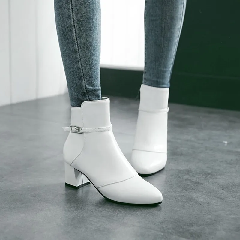 

plus size 34-44 Women Buckles Ankle Boots Autumn Winter Thick High Heel Martin Boots Zip Leather Shoes Ladies Motorcycle Boots