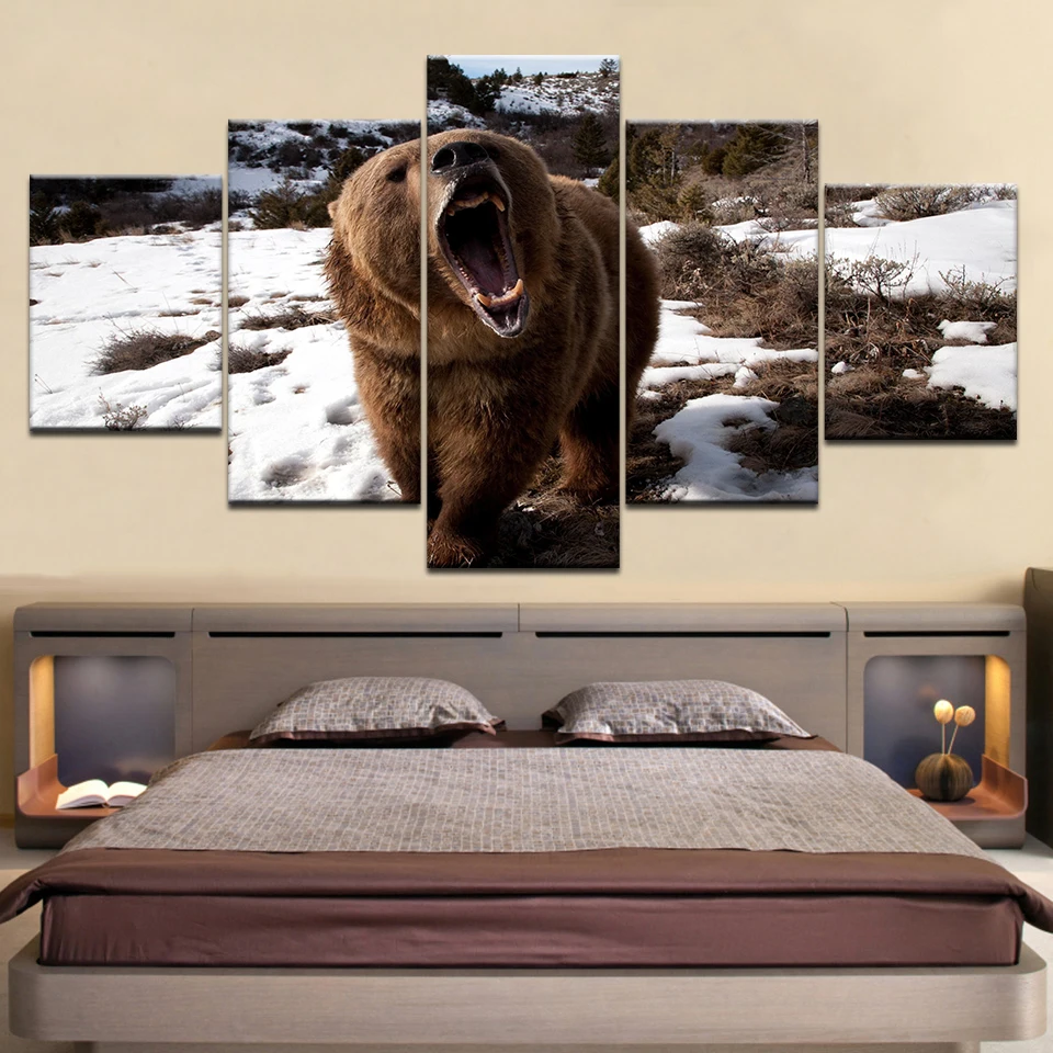 

Canvas HD Prints Poster Home Wall Art 5 Pieces Animal Brown Bear Snow Paintings Abstract Pictures Living Room Decor Framework