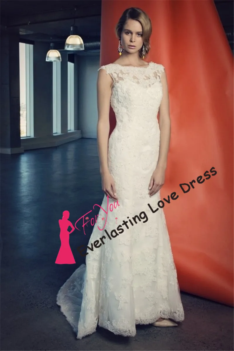 Очаровательные прозрачный совок декольте аппликация кружева русалка свадебное