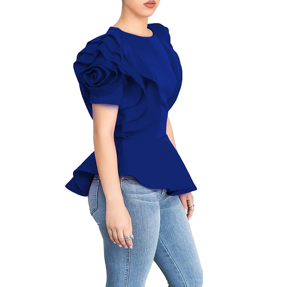 

2018 Women Fashion Summer O-Neck Ruffles Sleeve Asymmetric Hem Slim Tops Blouse