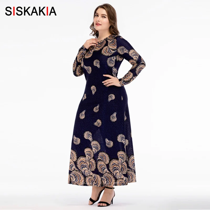 Siskakia, винтажное, шикарное, с принтом, макси, длинное платье, весна-осень, для женщин, стройнящее, размера плюс, до колена, платья, круглый вырез, длинный рукав