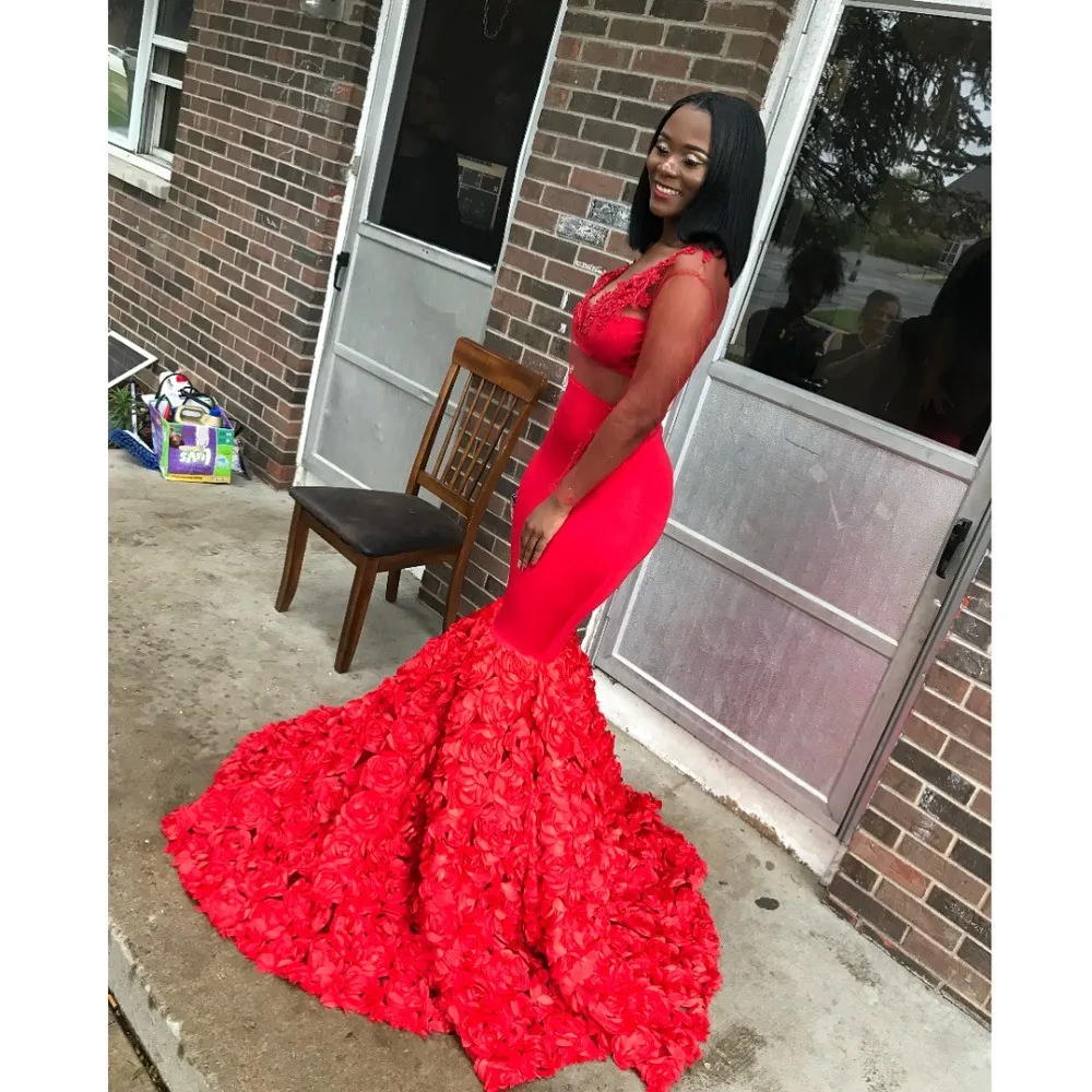 African Black Girls Red Mermaid Prom Dresses 2019 Sexy Sheer Waist Appliques Long Sleeve 3D Flowers Train Women Party Gowns | Свадьбы и