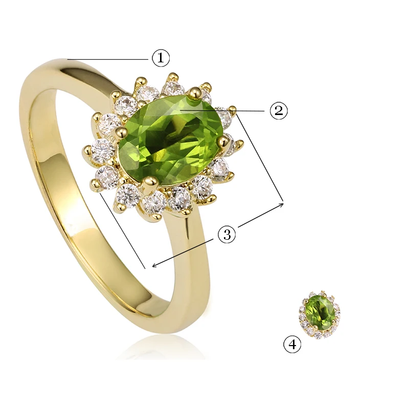 Драгоценные 1.2ct натуральный 6x8 овальный Природный маньчжурской перидот с 1.50ctw CZ 18 К Позолоченные обручальное кольцо красивые ювелирные изделия подарок