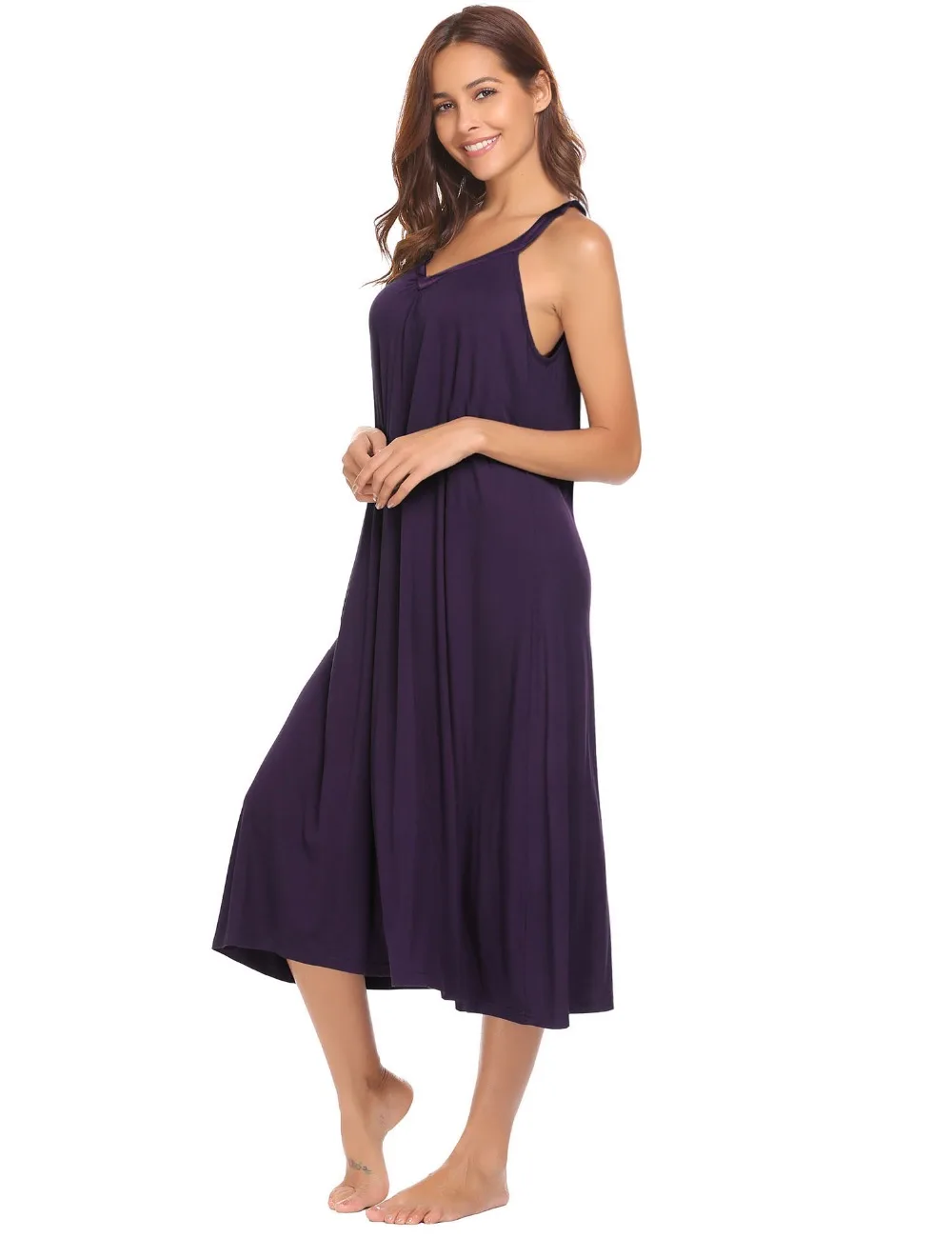 Ekouaer Night Dress Women Lingerie Sleepwear V-Neck Sleeveless Midi Sleep Dress Loungewear Nighty Sleepshirts Cotton Nightgown