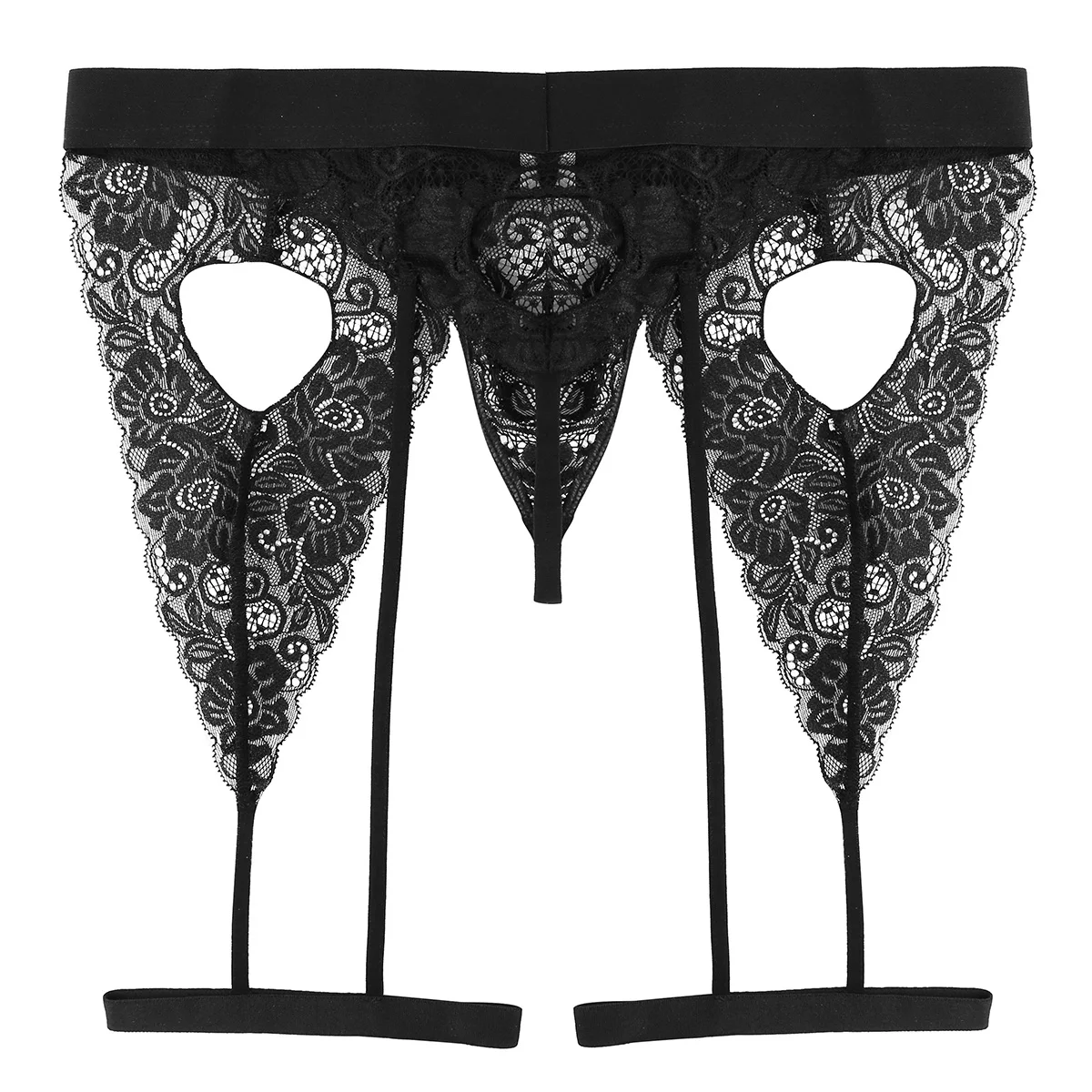 Swimwear Men Bikini Thong Underwear Lingerie See Through Lace Open Butt Bulge Pouch Cutout Heart G-string with Leg Garters Band