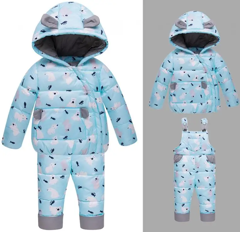 Sky blue New kids down bear printed suits Children's duck down Outerwear&Coats with cap+Bib pants 2pcs boys girls winter warm set - Color: Sky blue
