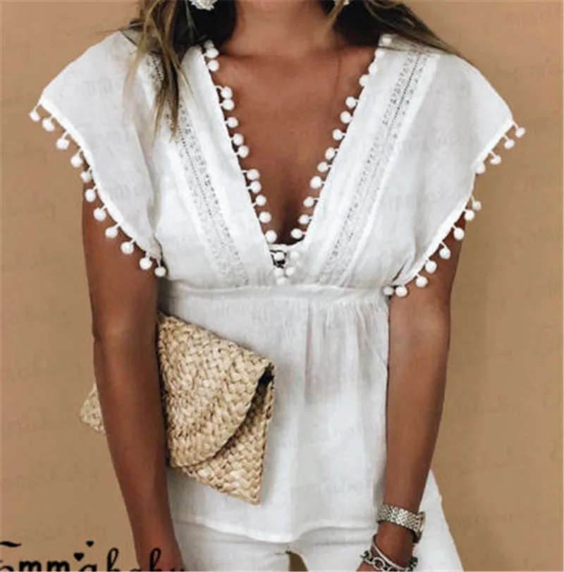 Женская кружевная блузка с оборками элегантная белая v образным вырезом